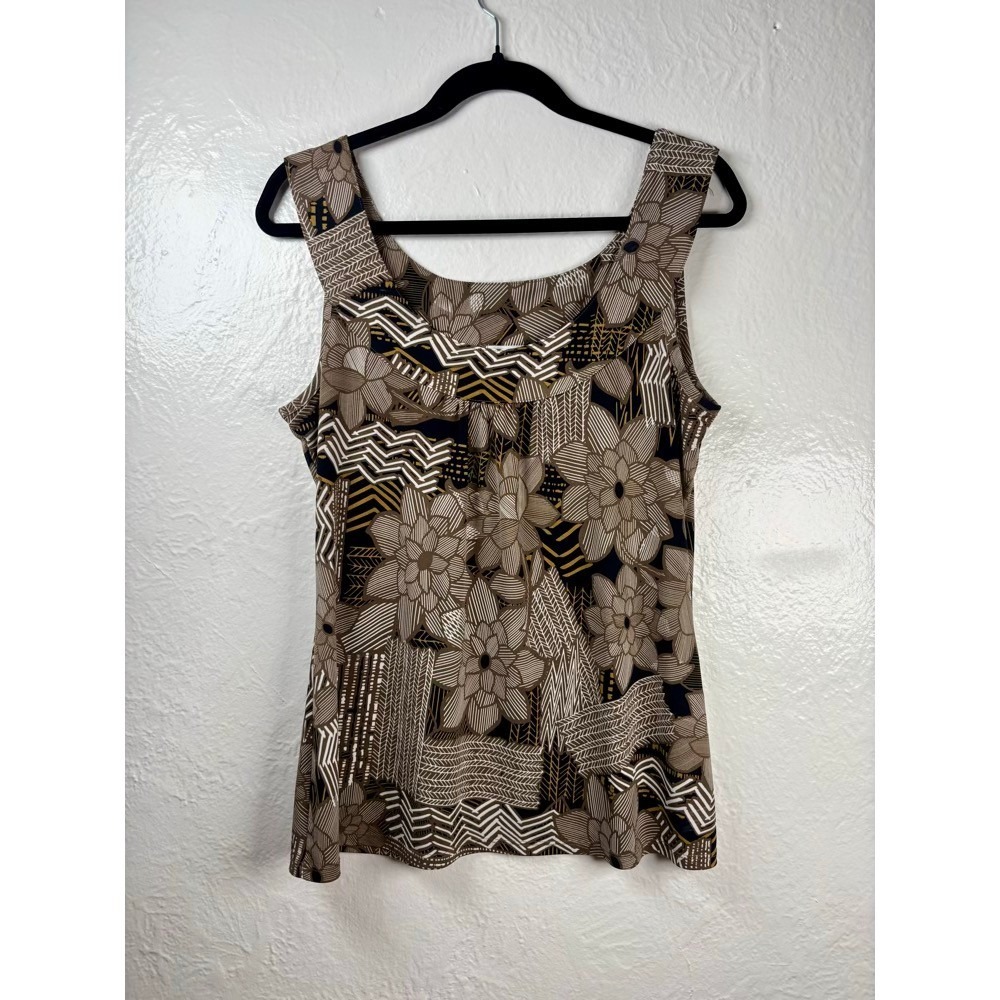 Floral Geometric Tank Top Womens Large Brown Stretch Earthy Office‎ Boho Retro